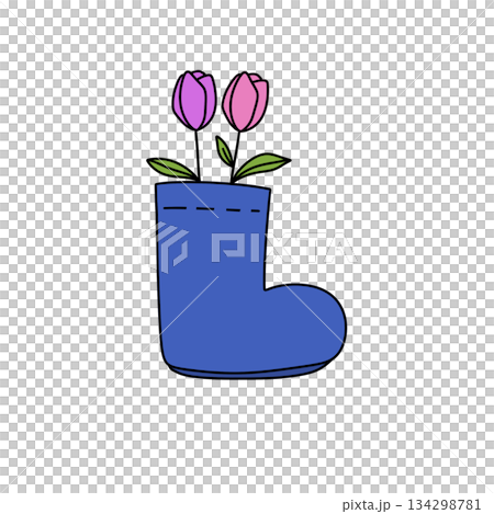 A blue flower pot with pink flowers in it 134298781