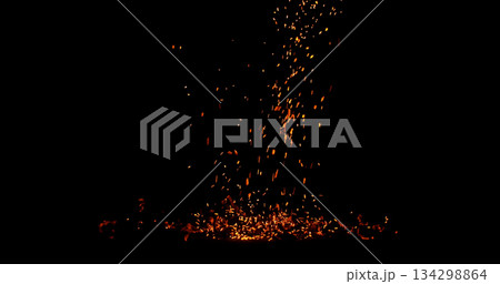 Realistic fire sparks flying through the air, isolated on a black background. Perfect as a cinematic VFX overlay, fire particles effect or visual element. Realistic fire sparks flying through the air, isolated on a black background. Perfect as a cinematic VFX overlay, fire particles effect or visual element. 134298864