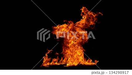 Fire blast isolated on black background. Detailed fire textures ideal for VFX, compositing, overlays, graphics, and cinematic effects. 134298917