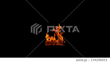 Realistic shot of a burning wooden beam isolated on a black background. Detailed fire textures ideal for VFX, compositing, overlays, graphics, and cinematic effects 134298933