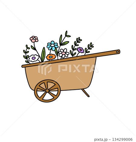 A wooden cart with a wheel and flowers in it 134299006