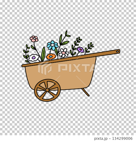 A wooden cart with a wheel and flowers in it 134299006