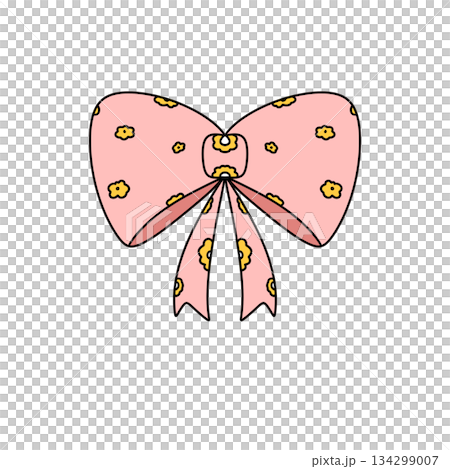 A pink bow with yellow flowers on it 134299007