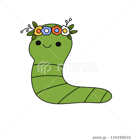 A green caterpillar with a flower crown on its head A green caterpillar with a flower crown on its head 134299010