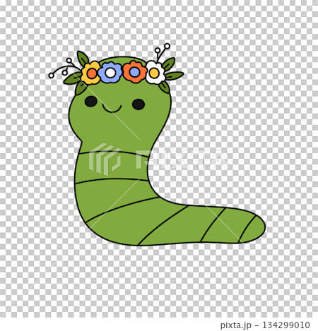 A green caterpillar with a flower crown on its head A green caterpillar with a flower crown on its head 134299010