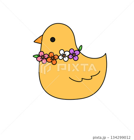 A yellow bird with a flower crown on its head A yellow bird with a flower crown on its head 134299012