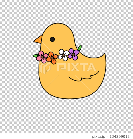 A yellow bird with a flower crown on its head A yellow bird with a flower crown on its head 134299012