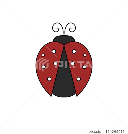 A red ladybug with black spots sits on a white background 134299013