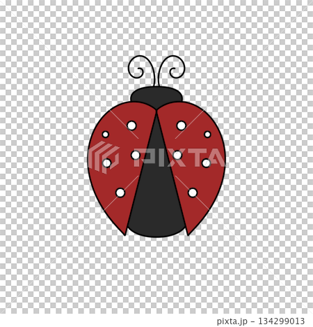 A red ladybug with black spots sits on a white background 134299013