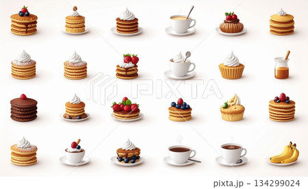 パンケーキショップのアイコンセット｜カフェ・スイーツのイラスト素材 134299024