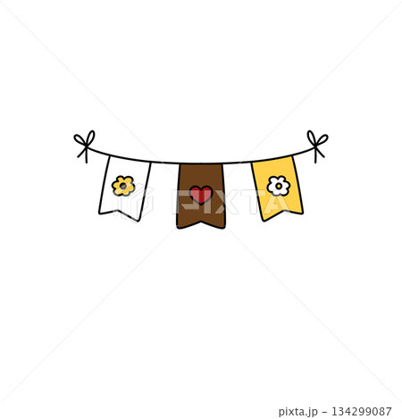 A banner with three flags hanging from a line A banner with three flags hanging from a line 134299087