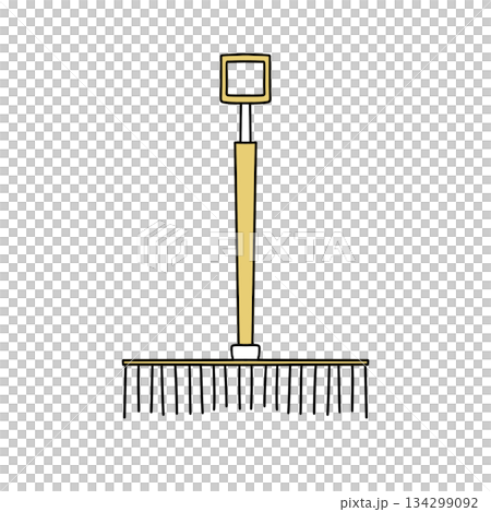 A yellow and brown rake with a white handle A yellow and brown rake with a white handle 134299092