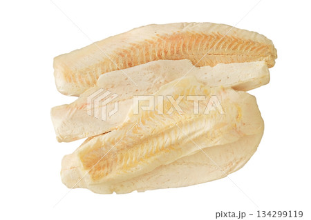 Raw hake fillet on white background. Iced Fish. Ready to cooking. Frozen fish. Top view. 134299119