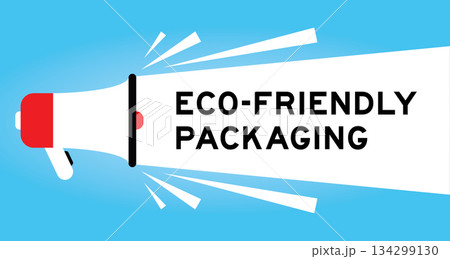 Color megaphone icon with word eco friendly packaging in white banner on blue background Color megaphone icon with word eco friendly packaging in white banner on blue background 134299130