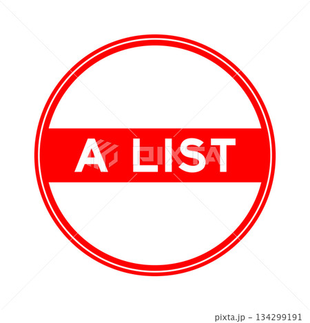 Red color round seal sticker in word A list on white background Red color round seal sticker in word A list on white background 134299191