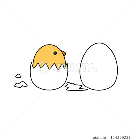 A cartoon of a chicken pecking at an egg 134299231