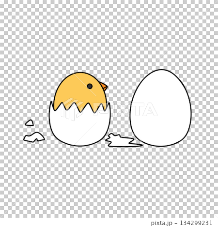A cartoon of a chicken pecking at an egg 134299231