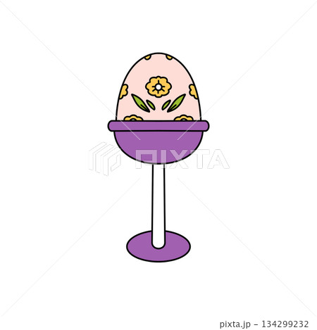 A cartoon egg with flowers on it is sitting in a purple bowl A cartoon egg with flowers on it is sitting in a purple bowl 134299232