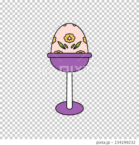 A cartoon egg with flowers on it is sitting in a purple bowl A cartoon egg with flowers on it is sitting in a purple bowl 134299232