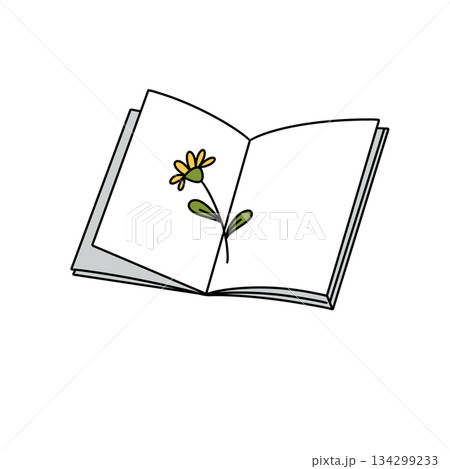 A book is open to a page with a flower drawn on it 134299233
