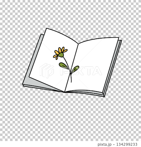 A book is open to a page with a flower drawn on it 134299233