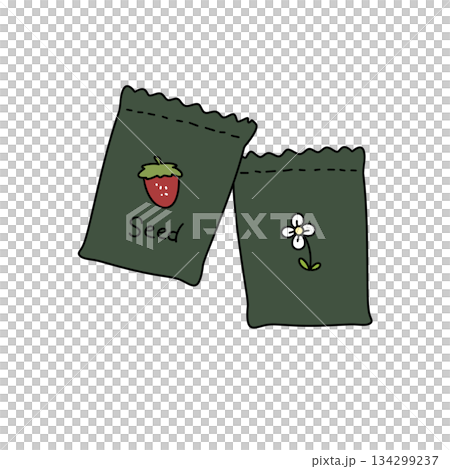 Two green bags with a strawberry and a flower on them 134299237