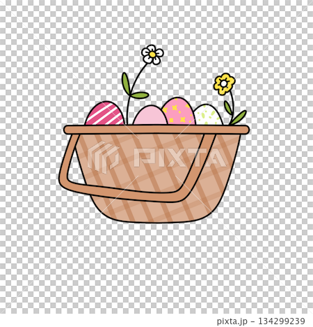 A basket of eggs with flowers in it A basket of eggs with flowers in it 134299239
