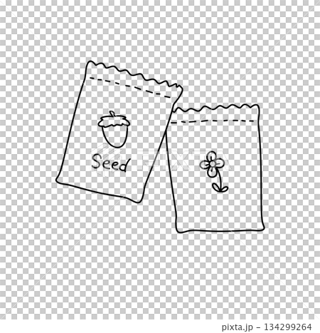 Two bags of seeds, one labeled "seed" and the other labeled "flower." Two bags of seeds, one labeled "seed" and the other labeled "flower." 134299264