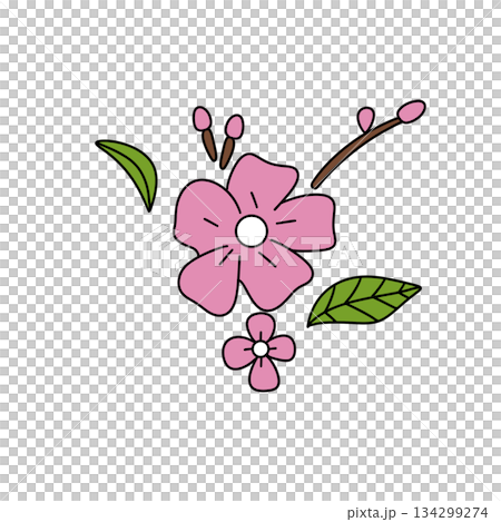 A pink flower with green leaves is drawn in a cartoon style 134299274