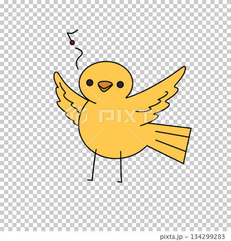 A yellow bird is singing and holding a red object 134299283