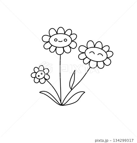 Three cartoon flowers are drawn in a line, with one flower in the middle Three cartoon flowers are drawn in a line, with one flower in the middle 134299317