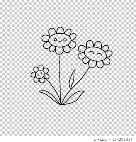 Three cartoon flowers are drawn in a line, with one flower in the middle 134299317