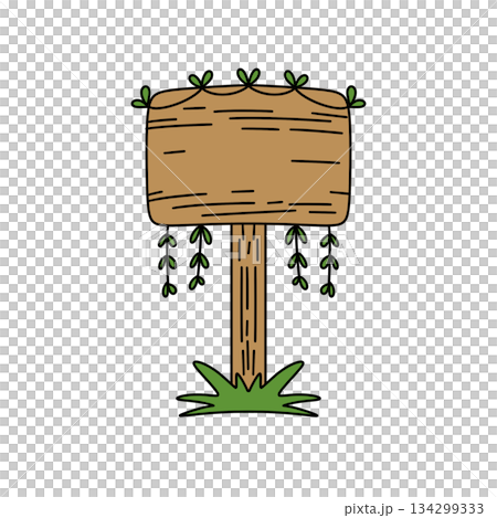 A wooden sign with vines growing out of it A wooden sign with vines growing out of it 134299333