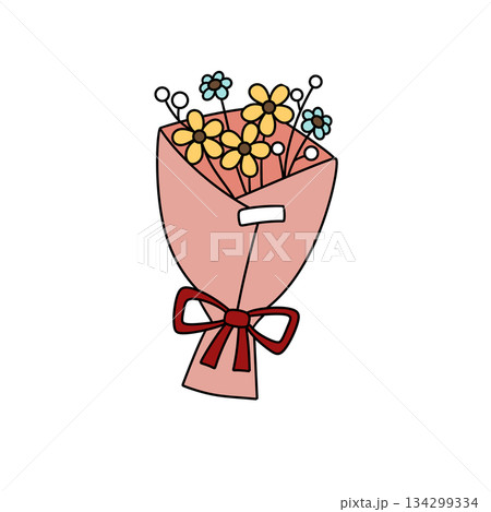 A bouquet of flowers is wrapped in a pink ribbon A bouquet of flowers is wrapped in a pink ribbon 134299334