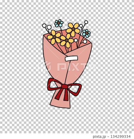 A bouquet of flowers is wrapped in a pink ribbon A bouquet of flowers is wrapped in a pink ribbon 134299334