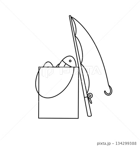 A fishing pole and a bucket with a fish in it A fishing pole and a bucket with a fish in it 134299388