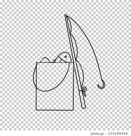 A fishing pole and a bucket with a fish in it A fishing pole and a bucket with a fish in it 134299388