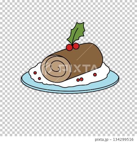 A cartoon drawing of a Christmas cake with a ribbon of holly berries on top 134299516