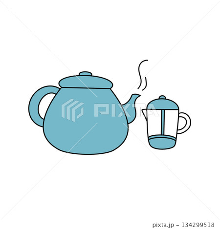 A blue teapot sits next to a white coffee cup A blue teapot sits next to a white coffee cup 134299518