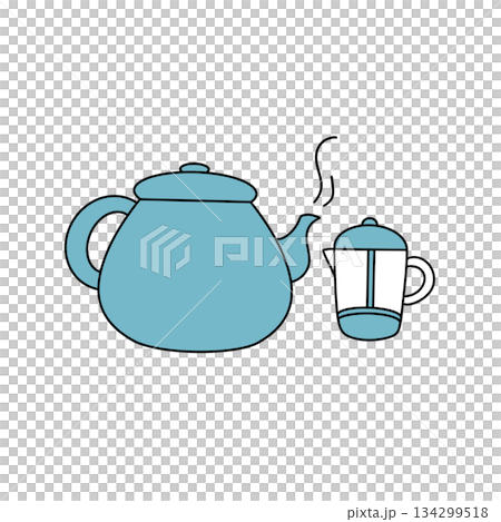 A blue teapot sits next to a white coffee cup A blue teapot sits next to a white coffee cup 134299518