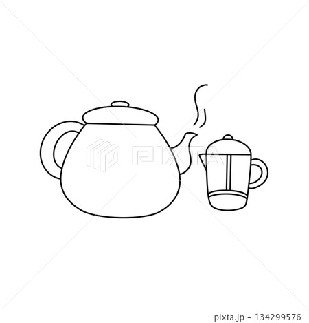 A black and white drawing of a tea kettle and a coffee pot 134299576