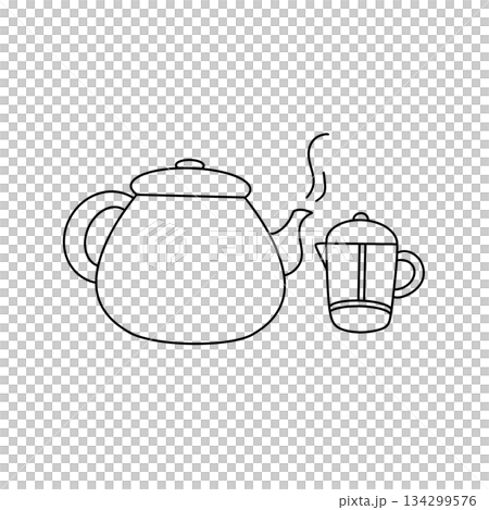 A black and white drawing of a tea kettle and a coffee pot 134299576
