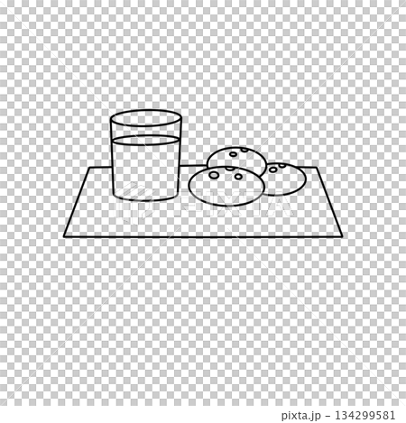 A glass of milk and three cookies are on a plate 134299581