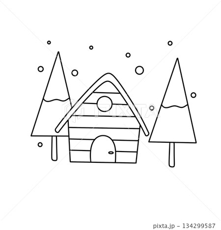 A house with a roof and a chimney is surrounded by trees 134299587