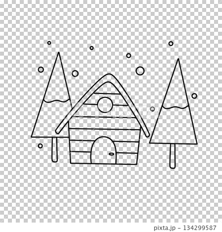 A house with a roof and a chimney is surrounded by trees 134299587