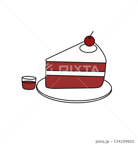 A slice of red velvet cake with a cherry on top sits on a plate next to a glass A slice of red velvet cake with a cherry on top sits on a plate next to a glass 134299602
