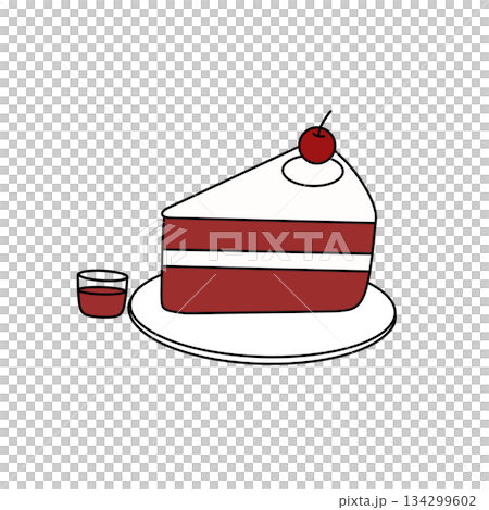 A slice of red velvet cake with a cherry on top sits on a plate next to a glass A slice of red velvet cake with a cherry on top sits on a plate next to a glass 134299602