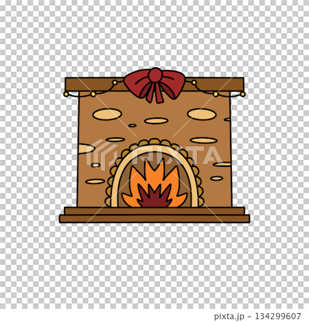 A cartoon drawing of a fireplace with a red bow around it 134299607