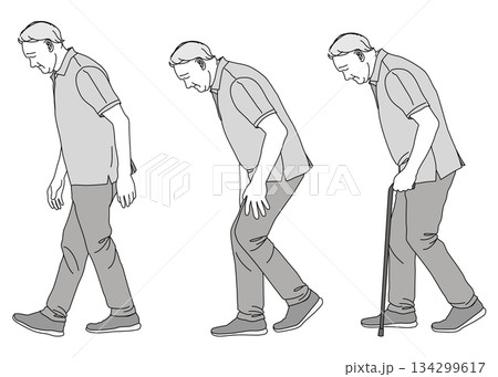 間欠破行 杖をついて歩く老人 高齢男性のイラスト 全身横向き 134299617