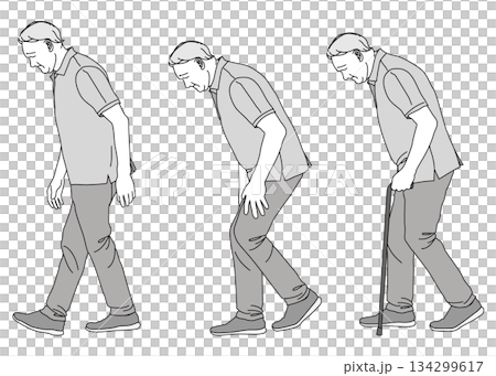 間欠破行 杖をついて歩く老人 高齢男性のイラスト 全身横向き 134299617